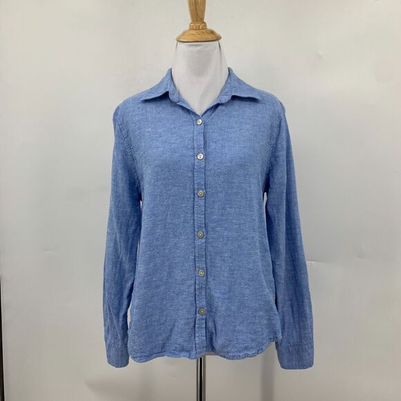 Orvis Button Shirt Womens Small Copen Blue Linen Blend Long Sleeve Spread Collar - Picture 2 of 14